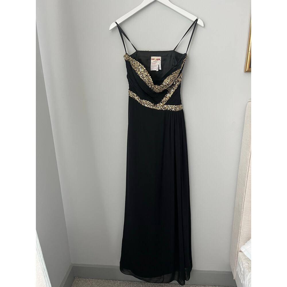 Formal Dress Prom Hoco Homecoming Black Gold Sequins Strapless Long Size 6